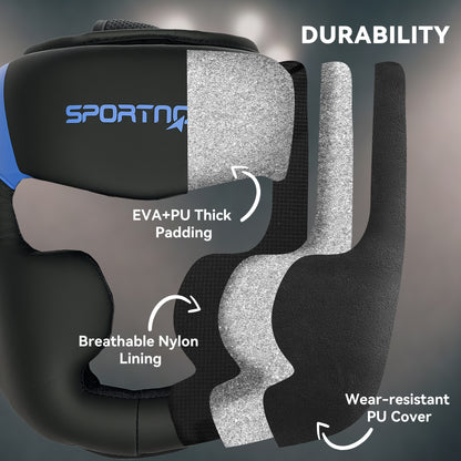 Boxing Headguard w/ Adjustable Strap for Sparring, Kickboxing, MMA, Blue/Black