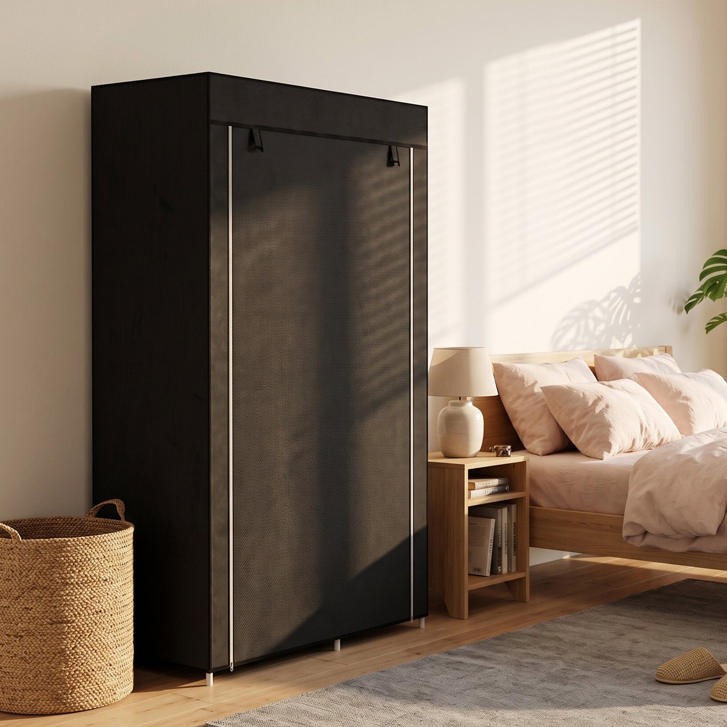 Fabric Wardrobe w/ Shelves Hanging Rail Foldable Wardrobe Black