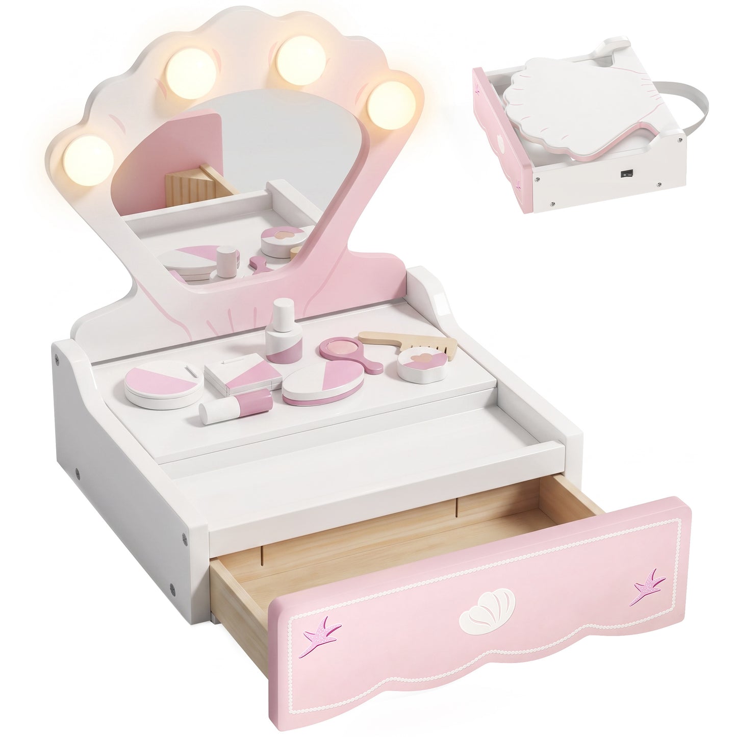 Kids Vanity Table, Portable Dressing Table with Lights, Mirror, Drawer, Accessories, Gift for 3-6 Years