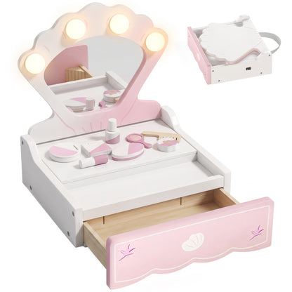 Kids Vanity Table, Portable Dressing Table with Lights, Mirror, Drawer, Accessories, Gift for 3-6 Years