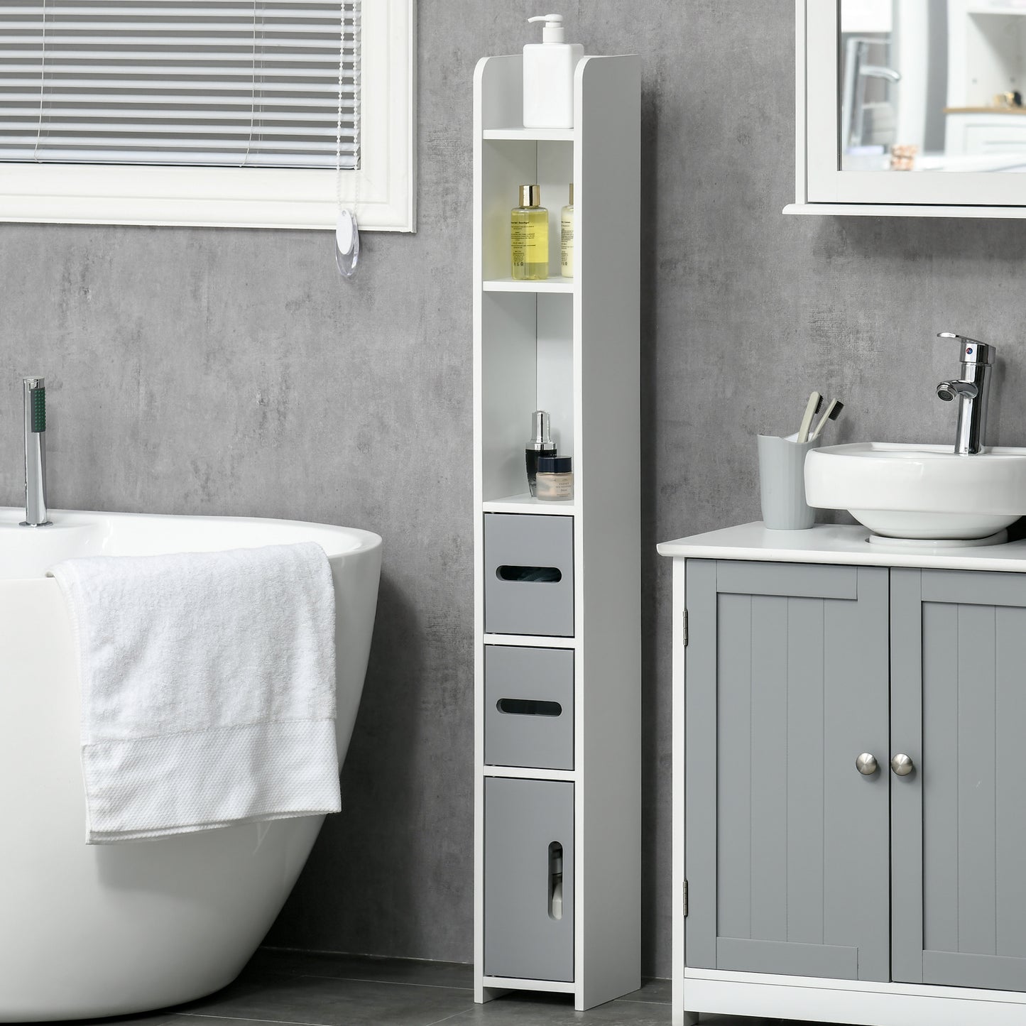 Modern Bathroom Storage Cabinet, Freestanding Tall Bathroom Cabinet with Open Shelves and 3 Cupboards with Door
