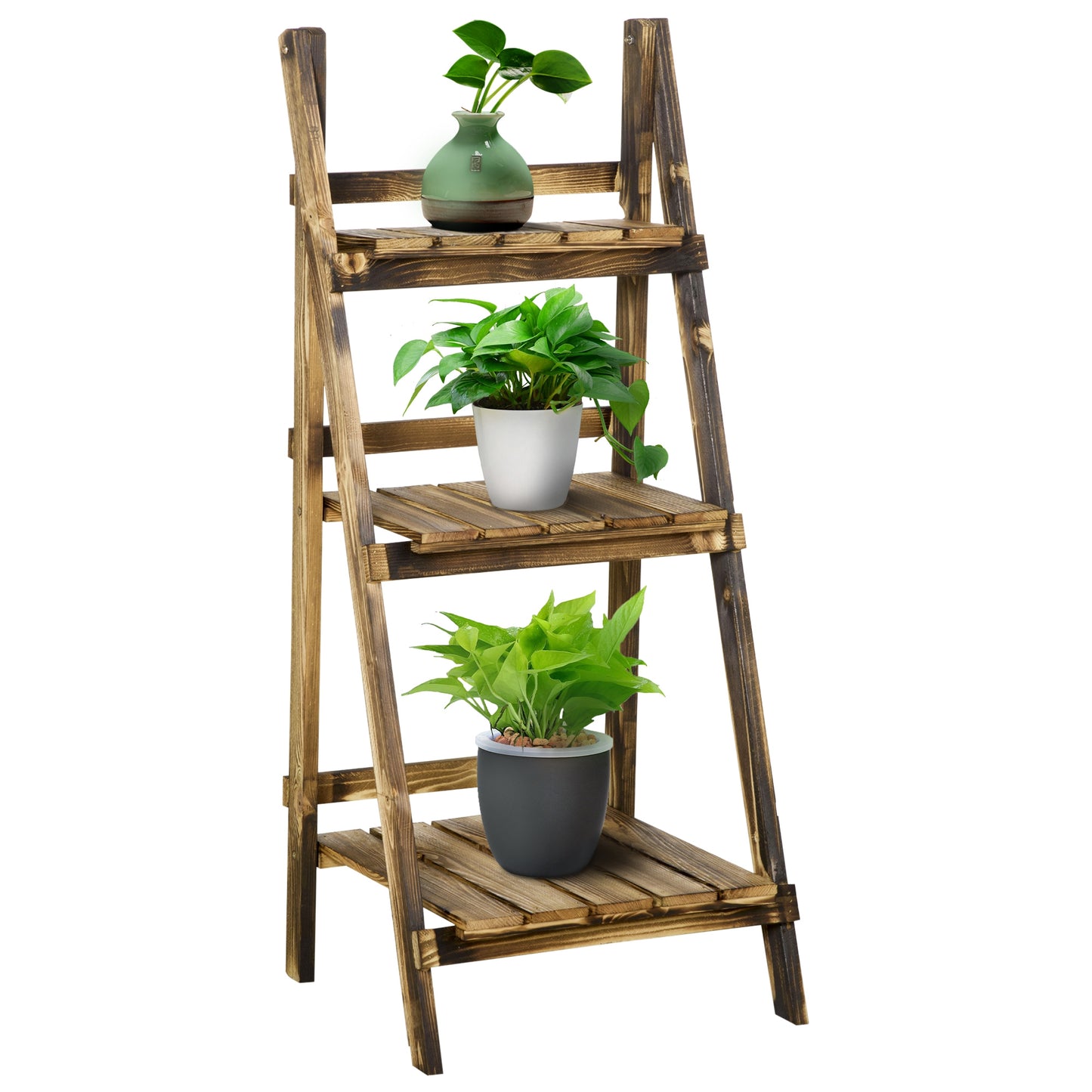 Wooden Folding Flower Pot Stand 3 Tier Garden Planter Display Ladder Gardener Storage Shelves Rack Herb Holder (40L x 37W x 9