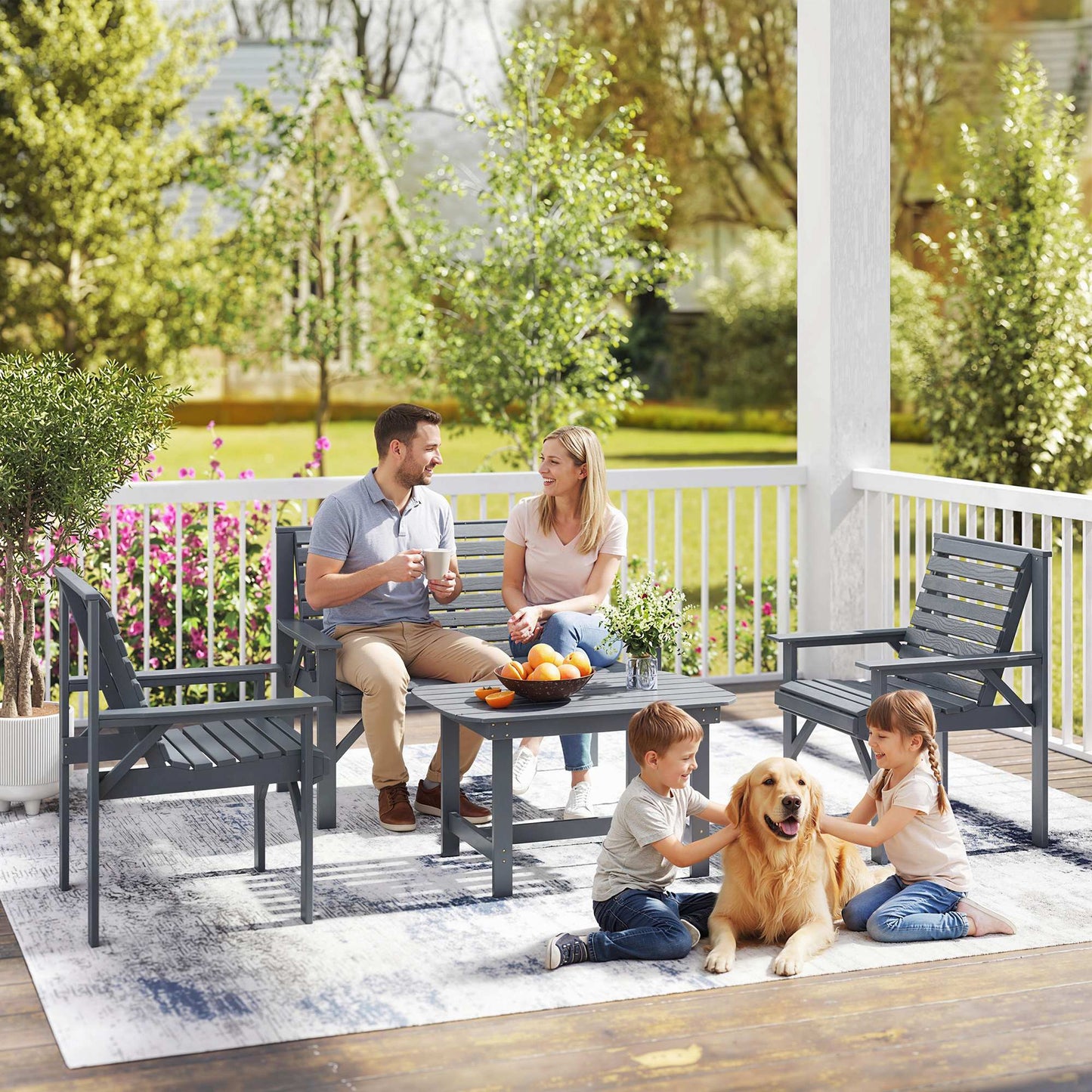 4 Piece Wooden Garden Furniture Set, Outdoor Garden Sofa Set with 2 Armchairs, Loveseat and Coffee Table, Grey