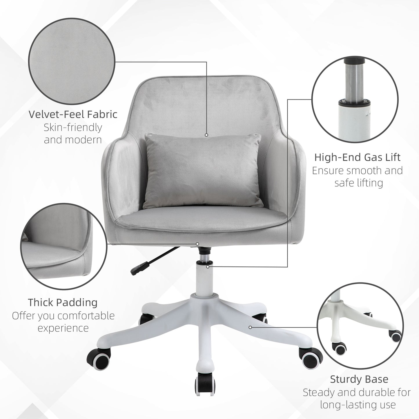 Velvet Office Chair, Desk Chair, Makeup Vanity Chair with Massage Lumbar Pillow and Rolling Wheels for Bedroom and Home, Grey
