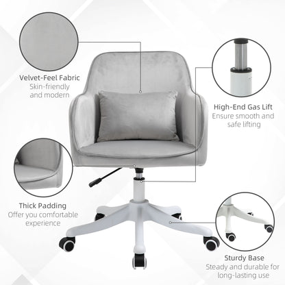 Velvet Office Chair, Desk Chair, Makeup Vanity Chair with Massage Lumbar Pillow and Rolling Wheels for Bedroom and Home, Grey
