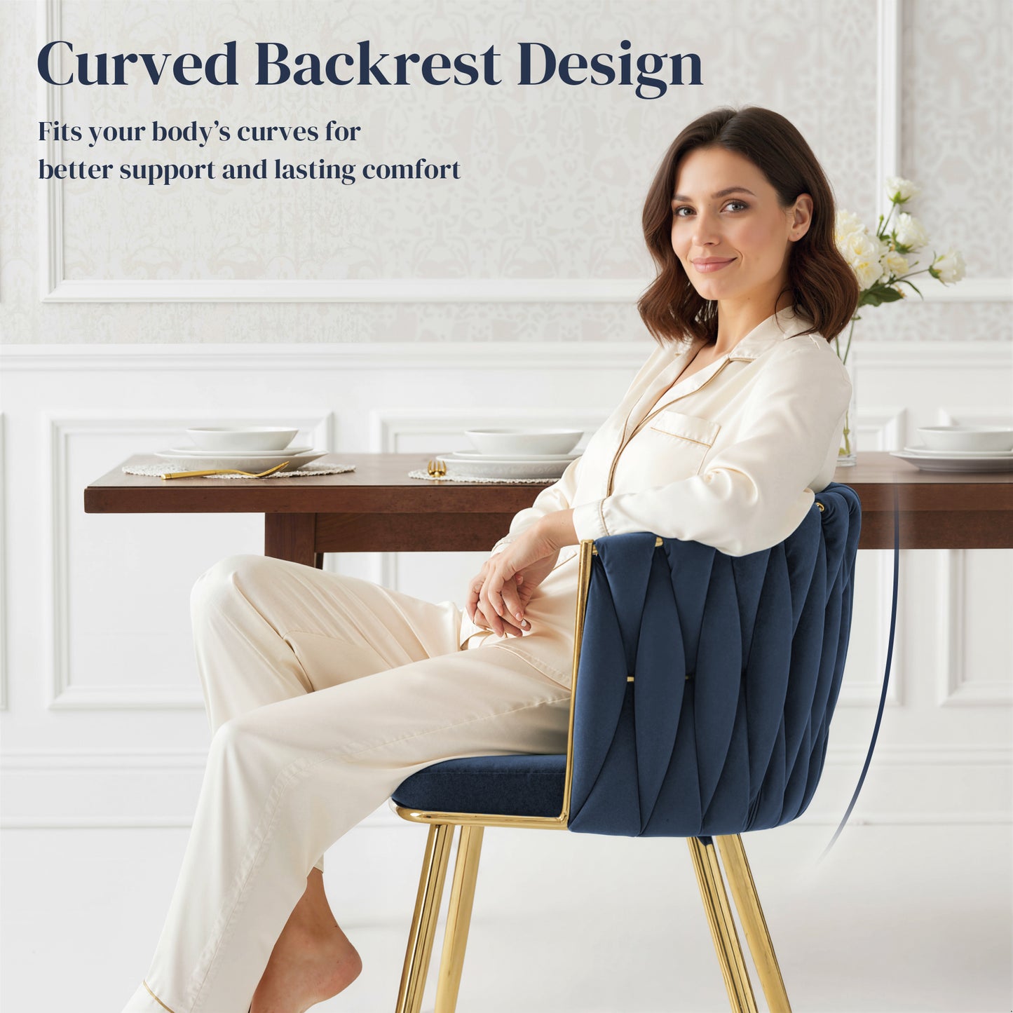 Velvet-Feel Dining Chairs Set of 2, Modern Upholstered Armchair with Knot Design and Golden Metal Legs