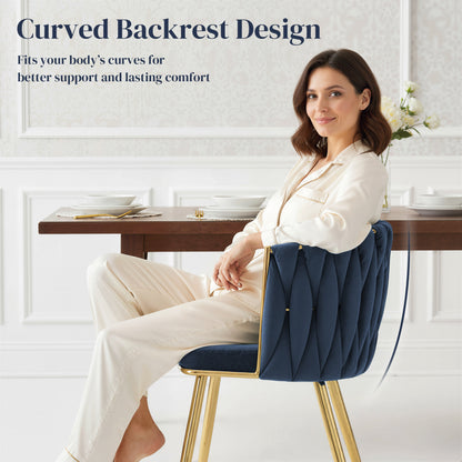 Velvet-Feel Dining Chairs Set of 2, Modern Upholstered Armchair with Knot Design and Golden Metal Legs