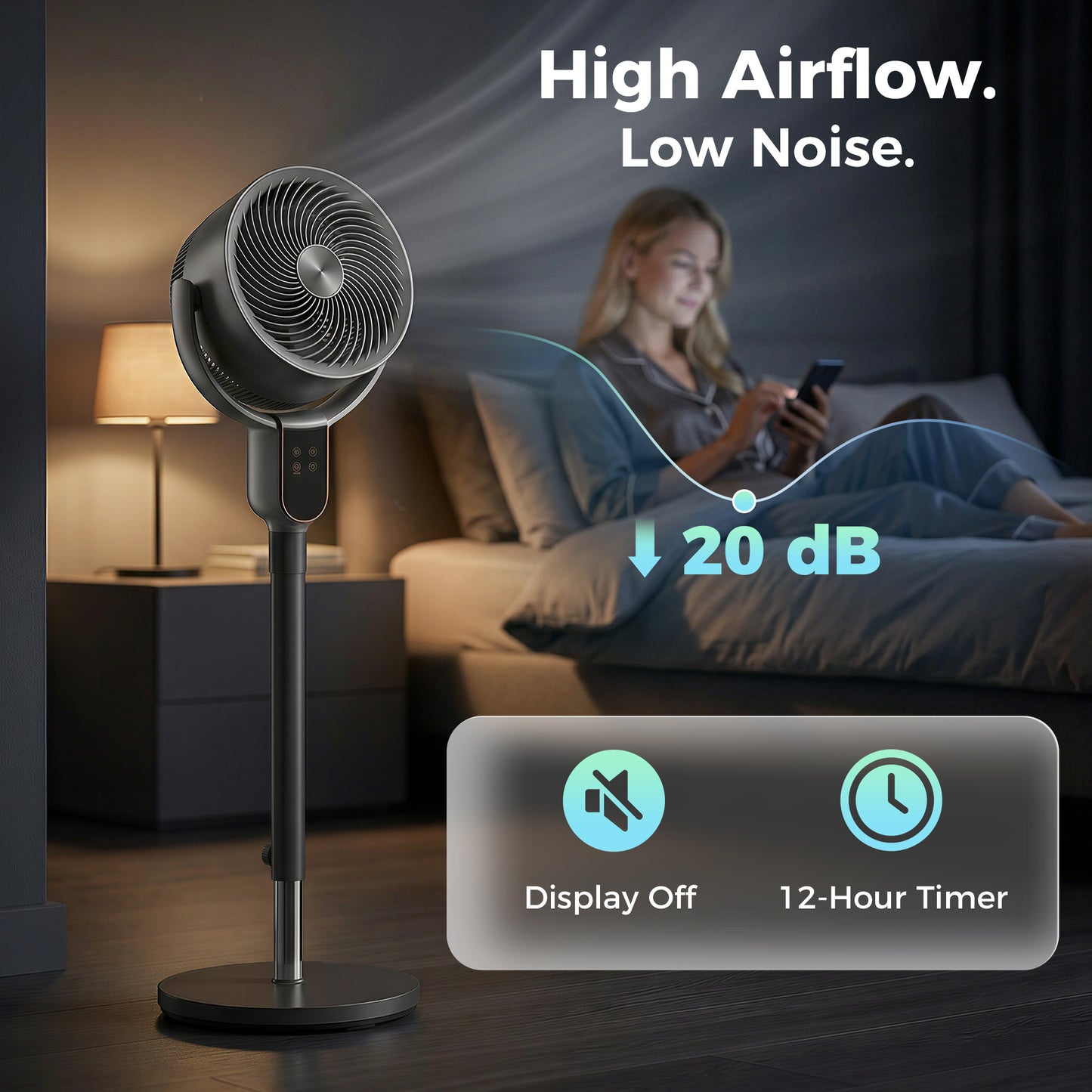 20 dB Silent Standing Fan for Bedroom, 42" Pedestal Fan with Remote, 90° Oscillating, 8 Speeds, Remote Control, Grey