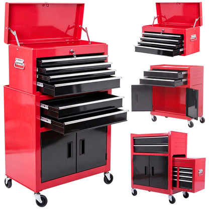 Tool Chest, Metal Tool Cabinet on Wheels with 6 Drawers, Pegboard, Top Chest and Roller Cabinet Combo, 61.6 x 33 x 108cm