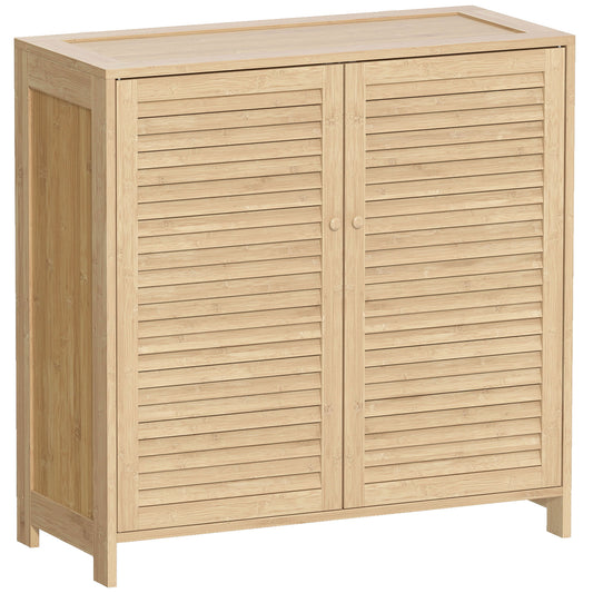 Bamboo Shoe Cabinet with Louvered Doors, 14 Pairs Shoe Storage Cabinet with Adjustable Shelves for Hallway, Natural
