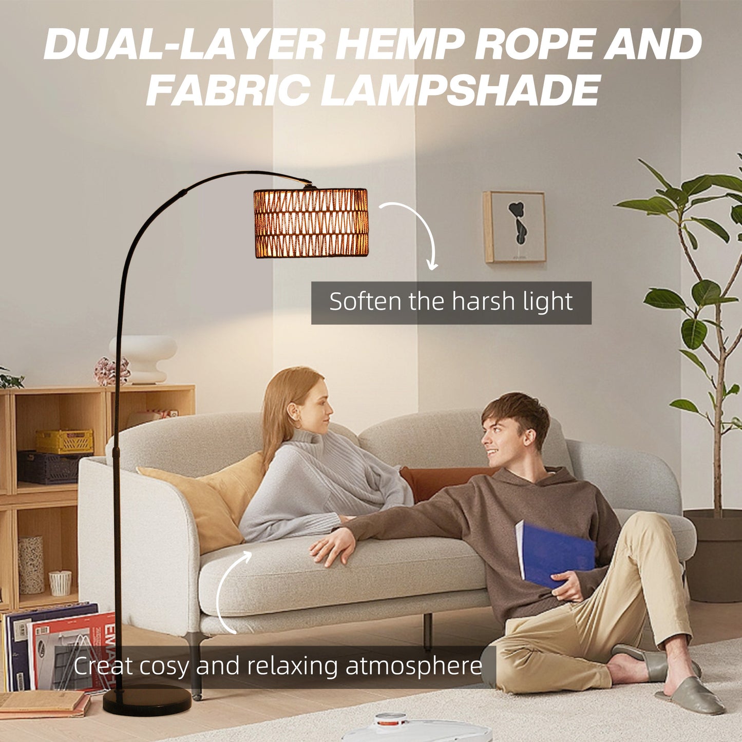 Rattan Floor Lamp for Living Room, Farmhouse Arc Standing Lamp with Dual-Layer Shade & Foot Switch