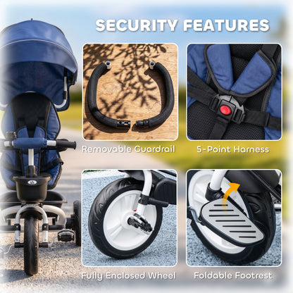 Metal Frame 6 in 1 Baby Push Tricycle with Parent Handle for 1-5 Years Old, Dark Blue
