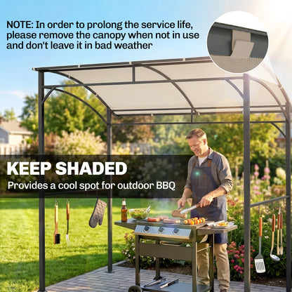 2.2 x 1.5 m BBQ Grill Gazebo Tent, Garden Grill with Metal Frame, Curved Canopy and 10 Hooks, Outdoor Sun Shade, Beige