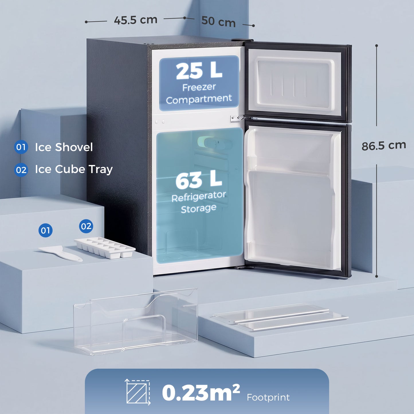 88L Under Counter Fridge Freezer, Small Refrigerator with 5-Setting, 3 Star Freezer Rating, Black