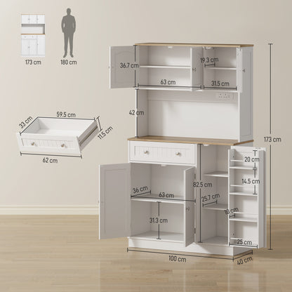 173 cm Tall Kitchen Cupboard with Charging Station, Pantry Storage Cabinet with Adjustable Shelves and 4 Door Racks