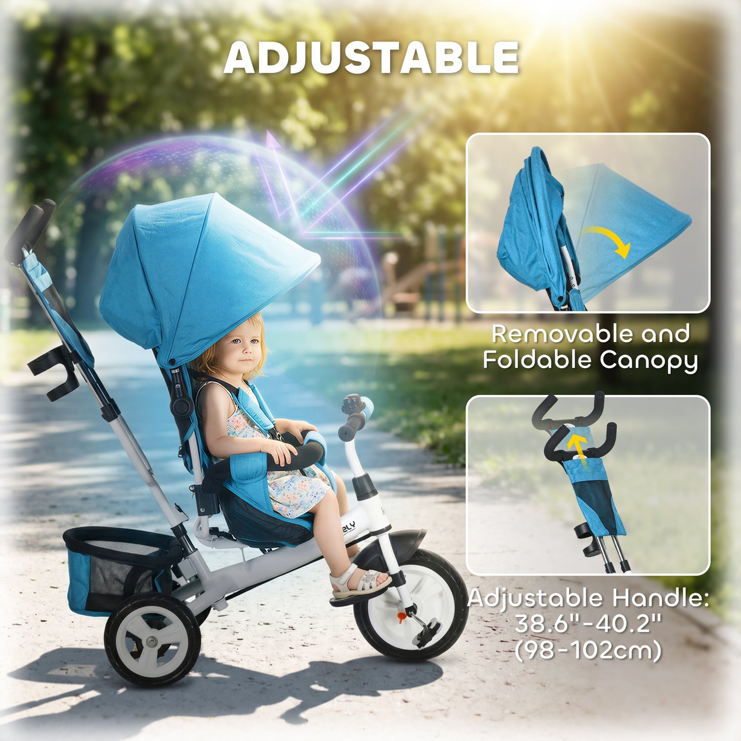 6 in 1 Kids Trike with Parent Handle, Canopy, 5-point Seat Belt, Storage, Footrest, Brake, for 1-5 Years, Blue
