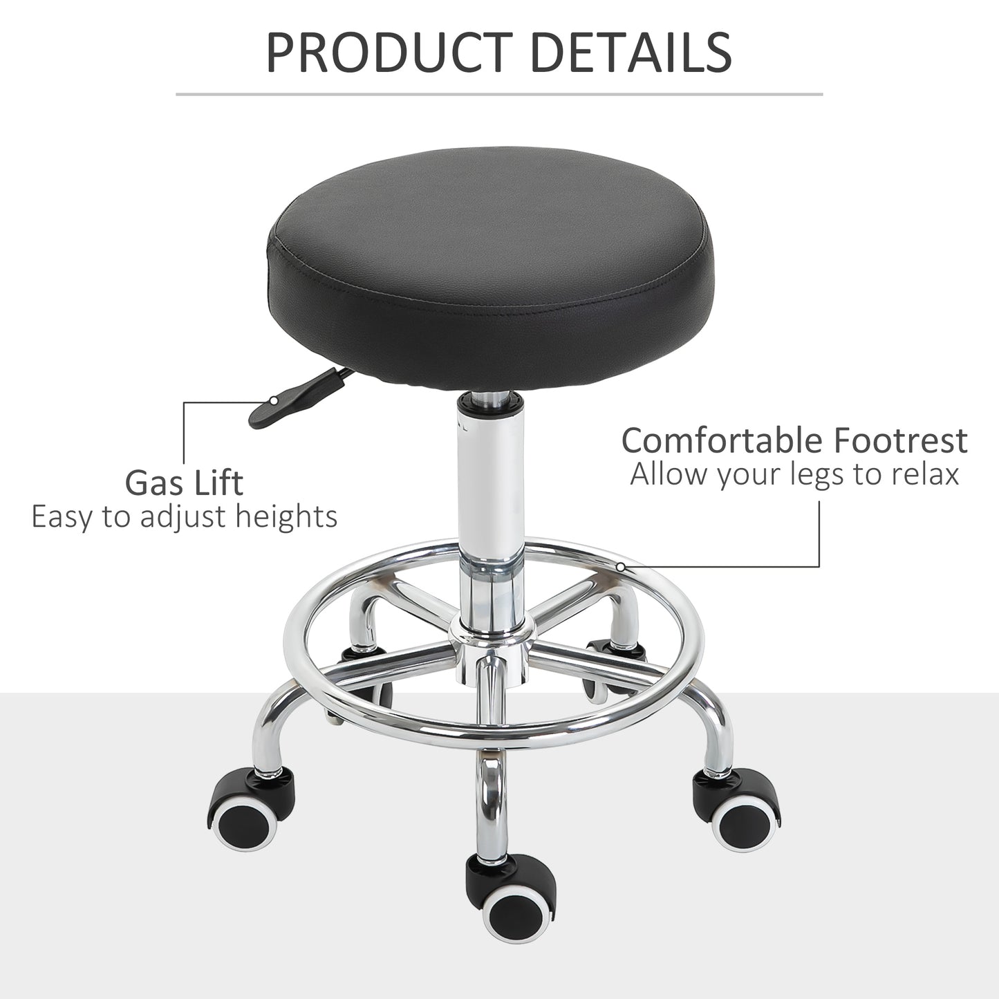 Round Rolling Stool, PU Leather Height Adjustable Stool Chair with Wheels and Swivel Seat for Salon, Massage, Spa