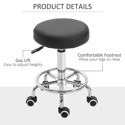 Round Rolling Stool, PU Leather Height Adjustable Stool Chair with Wheels and Swivel Seat for Salon, Massage, Spa