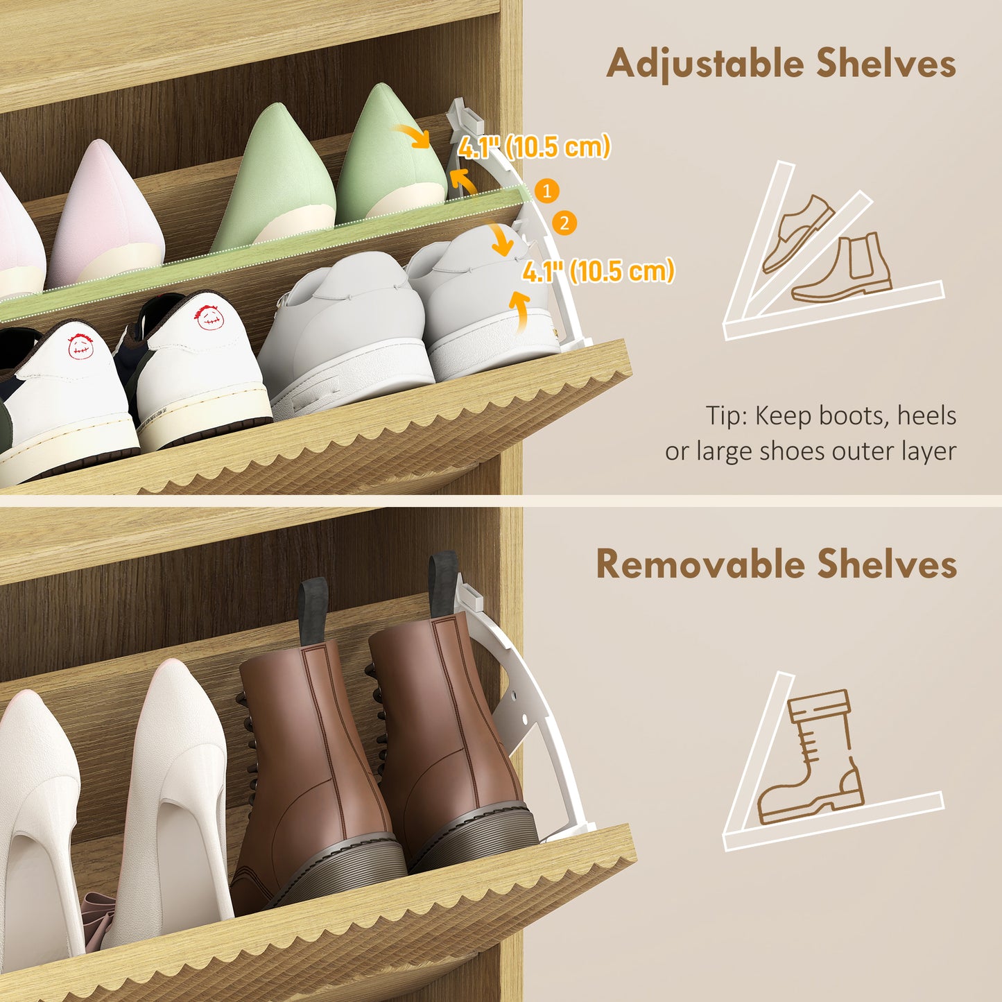 Narrow Shoe Cabinet, Modern Shoe Storage Cabinet with 2 Flip Drawers, Oak