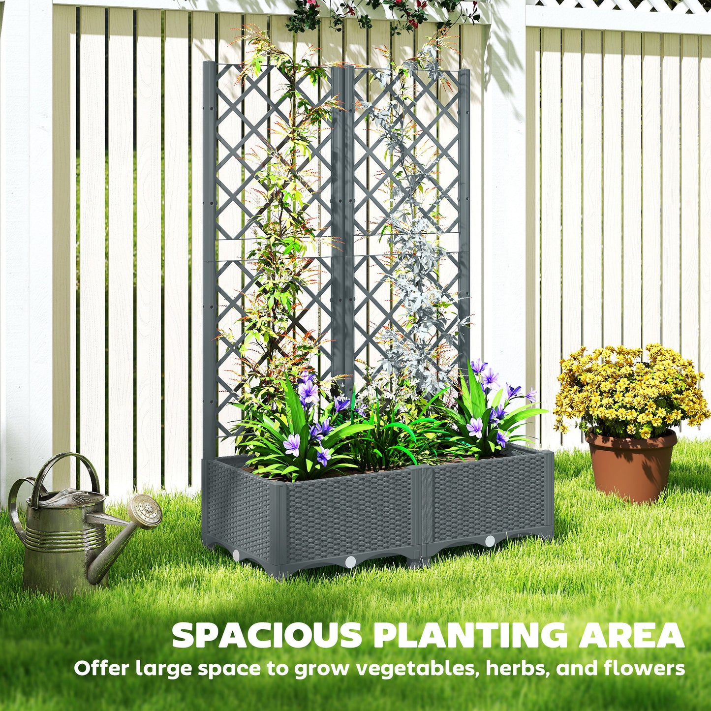 Raised Garden Bed with Trellis, Plastic Planter Box with Drainage Holes
