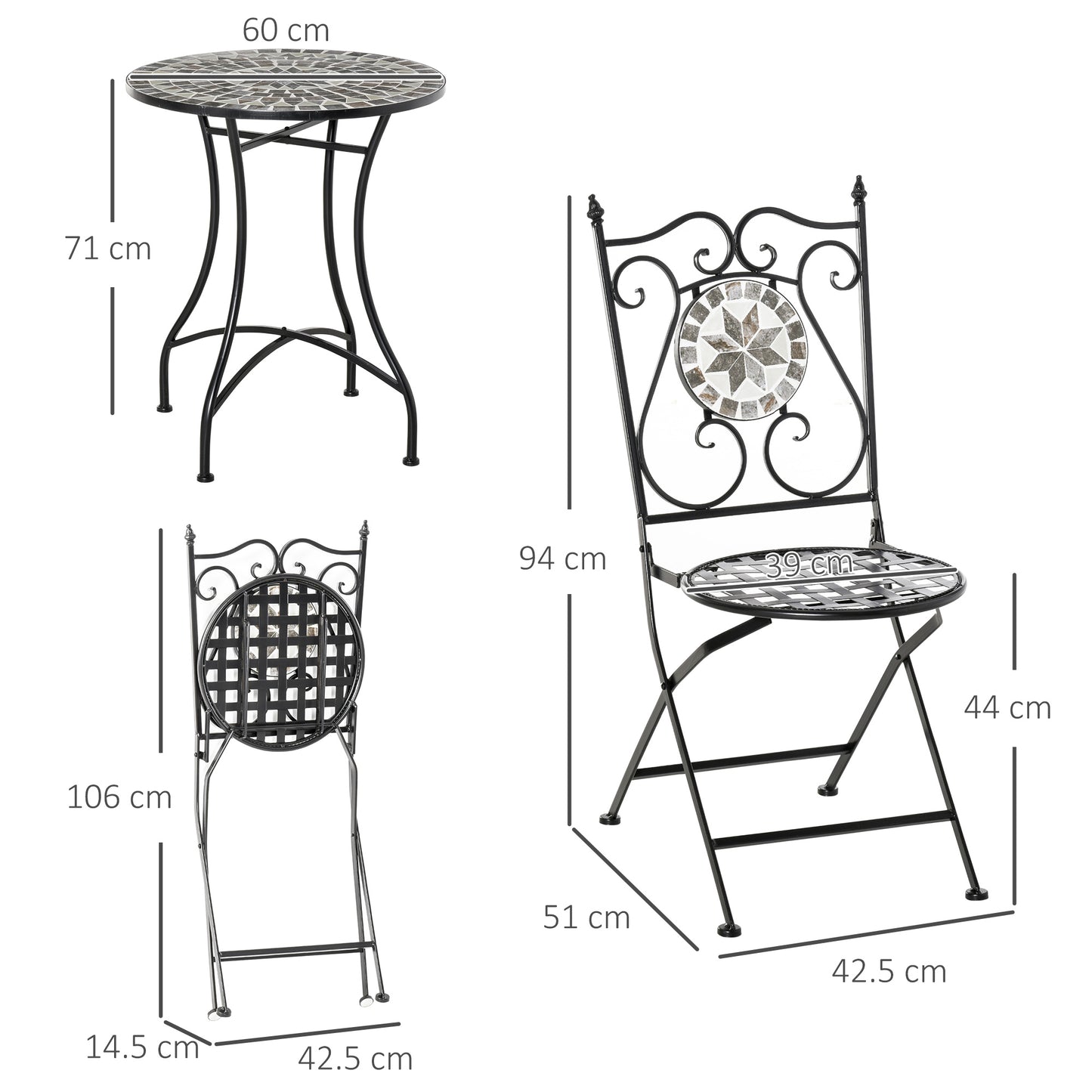 3 Pcs Mosaic Tile Garden Bistro Set Outdoor Seating w/ Table 2 Folding Chairs Set Metal Frame Elegant Scrolling Indoor Patio