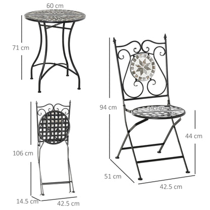 3 Pcs Mosaic Tile Garden Bistro Set Outdoor Seating w/ Table 2 Folding Chairs Set Metal Frame Elegant Scrolling Indoor Patio