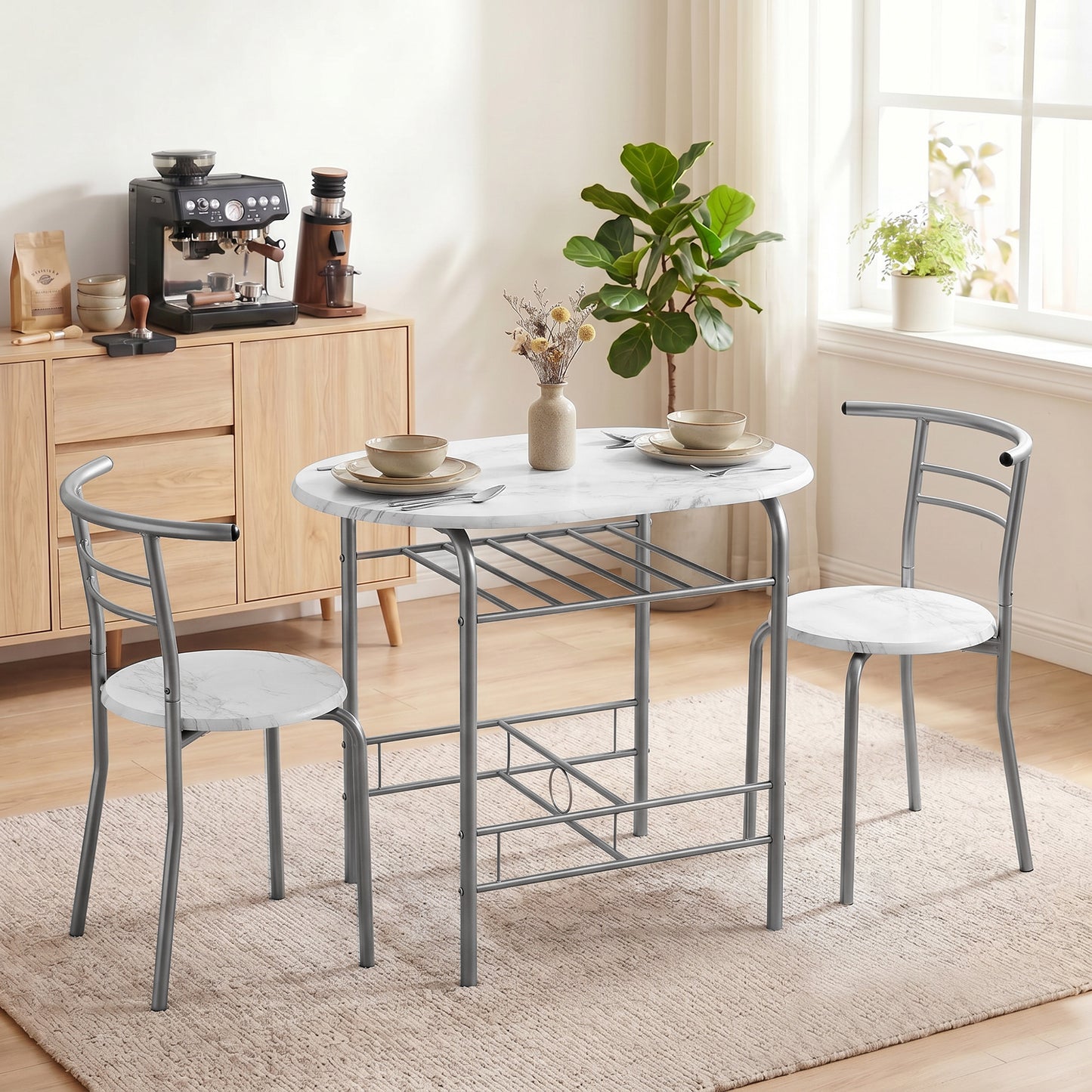 Three-Piece Compact Dining Set - White Marble Effect