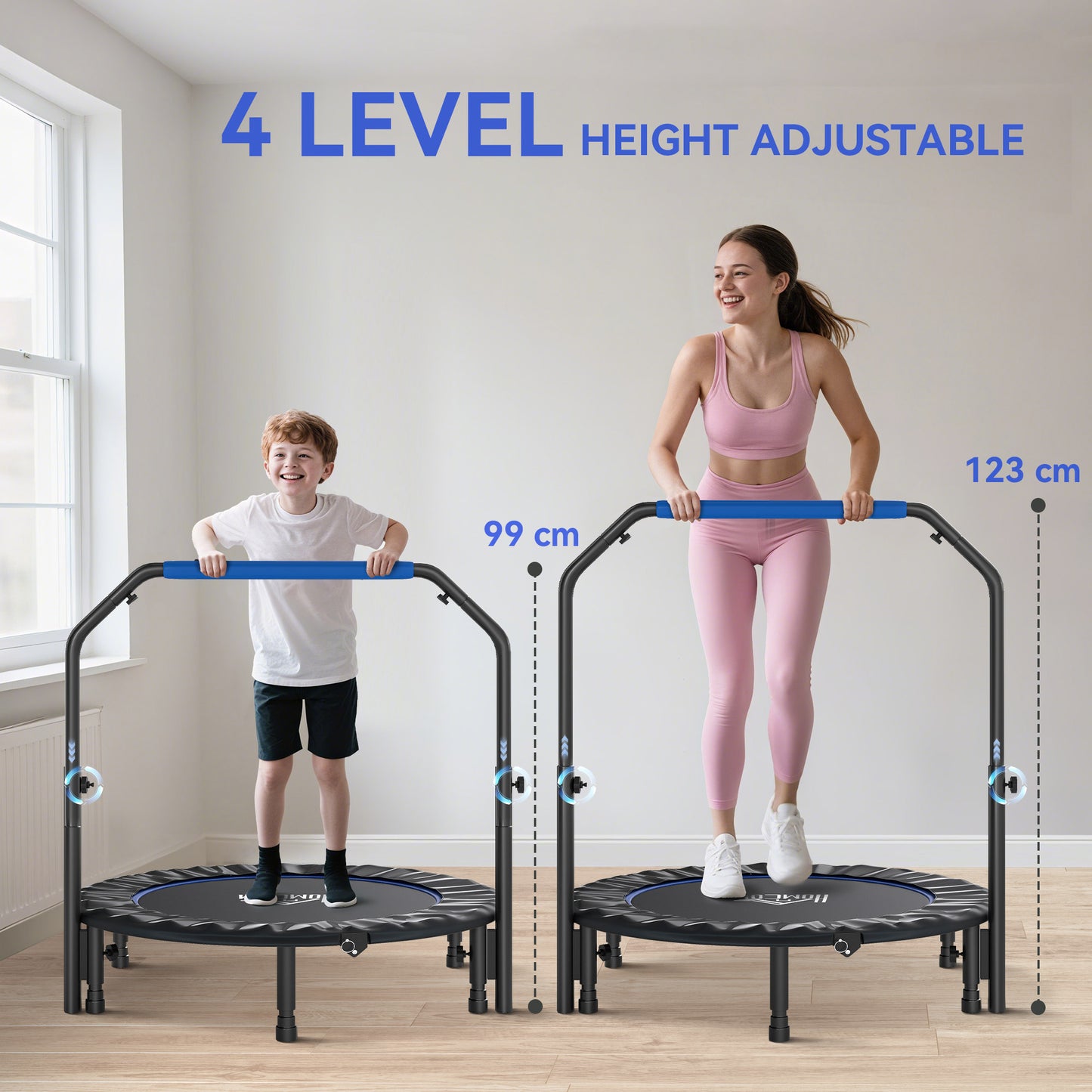 45" Foldable Mini Fitness Trampoline, with Adjustable Foam Handle, Blue