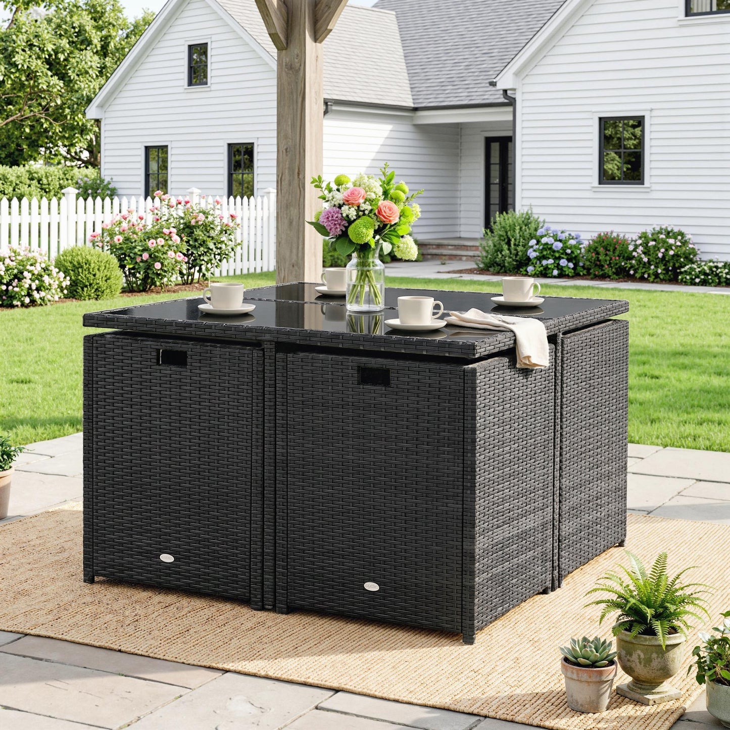 9 Piece Rattan Cube Garden Furniture Dining Set with Armchairs, Footstools and Glass-Top Table, Black