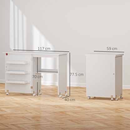 Folding Sewing Table, Drop Leaf Craft Table with Storage Bins, Open Shelf and Wheels
