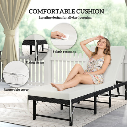 Single Folding Rattan Sun Lounger, with Cushion - Black