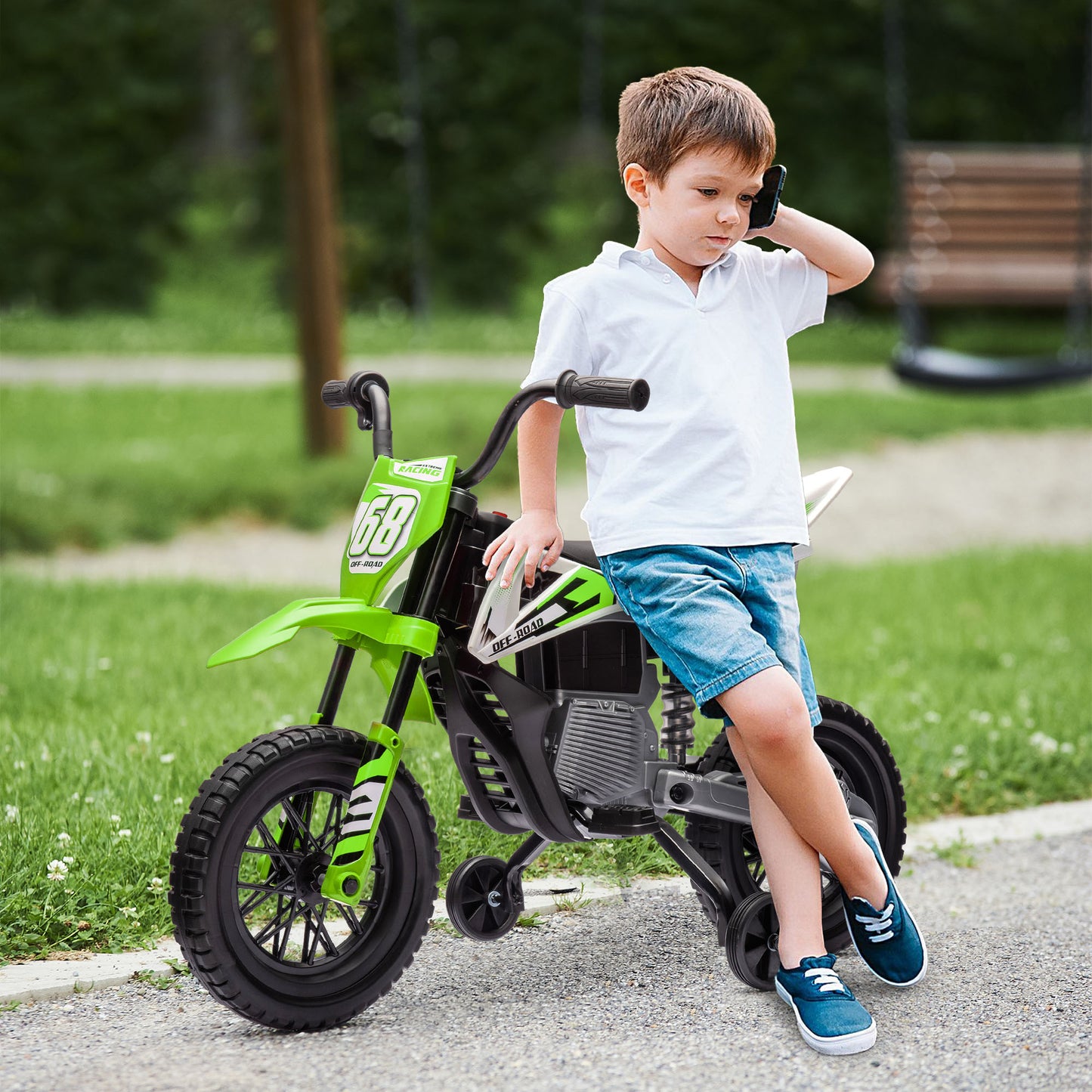 12V Kids Electric Motorbike, Kids Electric Ride on motorcycle w/ Twist Grip Throttle, Training Wheels, Green
