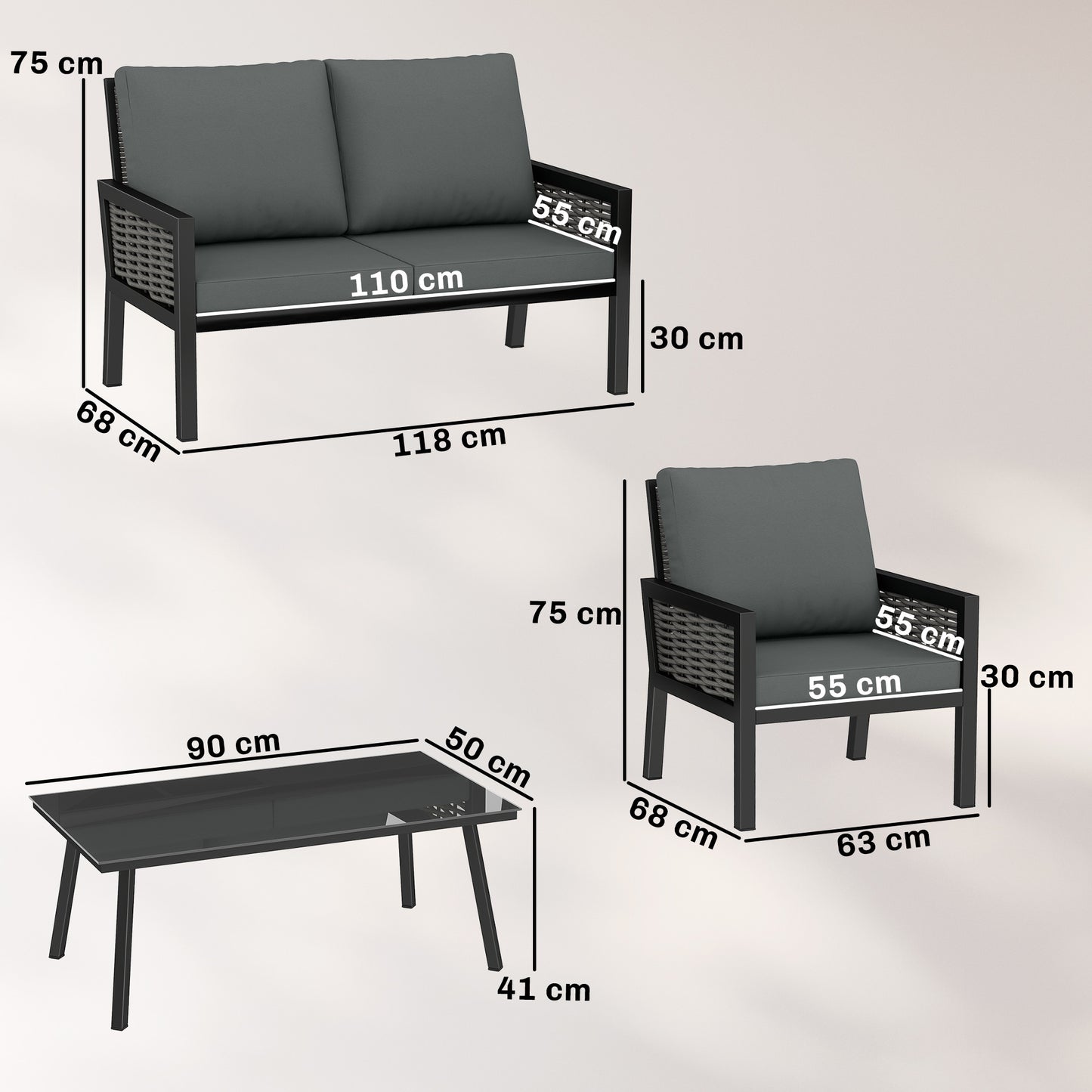 4 Seater Rattan Garden Furniture Set with 2 Armchairs, Loveseat, Coffee Table, Garden Sofa Set with Cushions, Dark Grey