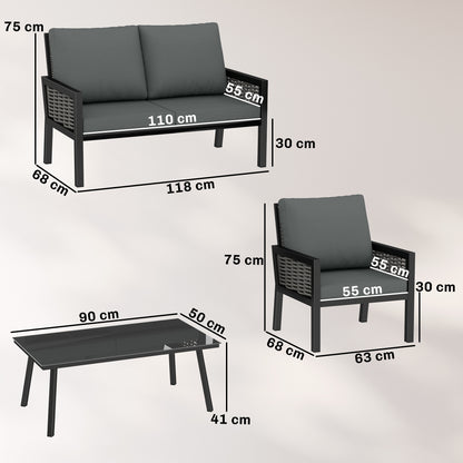 4 Seater Rattan Garden Furniture Set with 2 Armchairs, Loveseat, Coffee Table, Garden Sofa Set with Cushions, Dark Grey