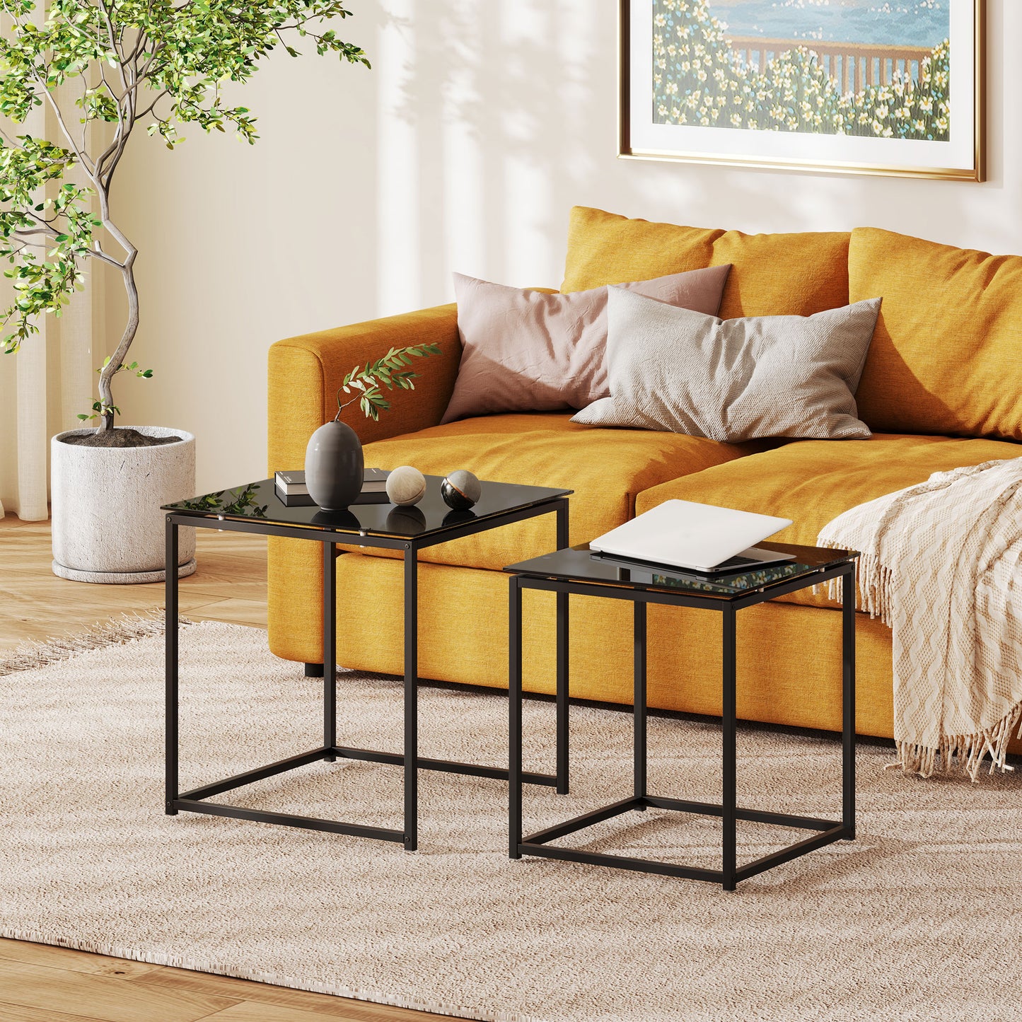 Nest of Tables, Set of 2 Coffee Table, Side Tables with Tempered Glass Desktop and Metal Frame for Living Room, Bedroom
