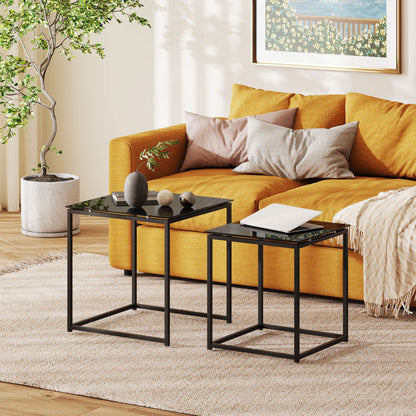 Nest of Tables, Set of 2 Coffee Table, Side Tables with Tempered Glass Desktop and Metal Frame for Living Room, Bedroom