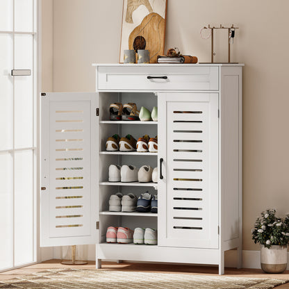 Shoe Cabinet with Louvered Doors, Modern Shoe Storage Cabinet with Drawer and Adjustable Shelves, White