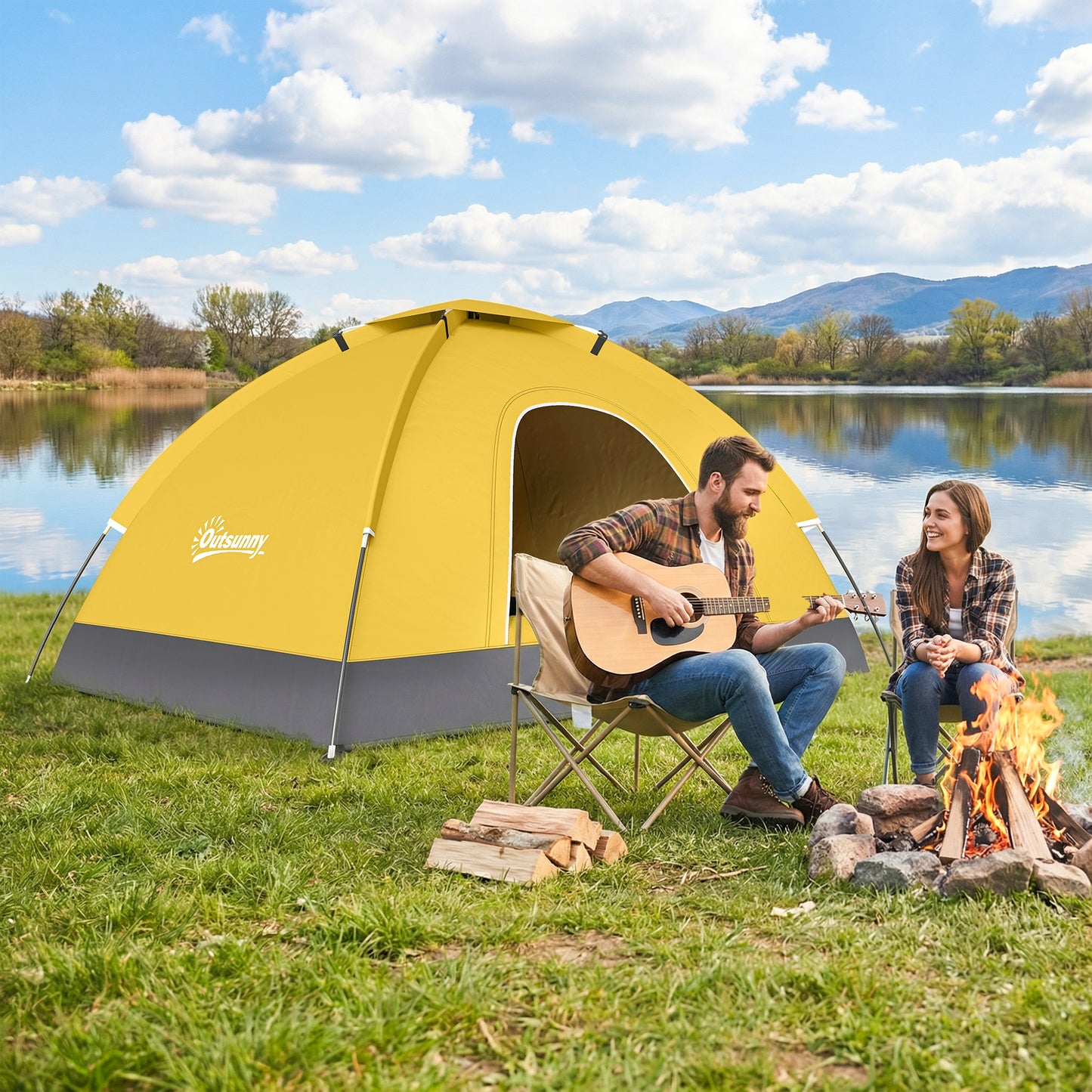 2 Person Camping Tent, Dome Tent with Zipped Doors, Storage Pocket, Portable Handy Bag, Yellow