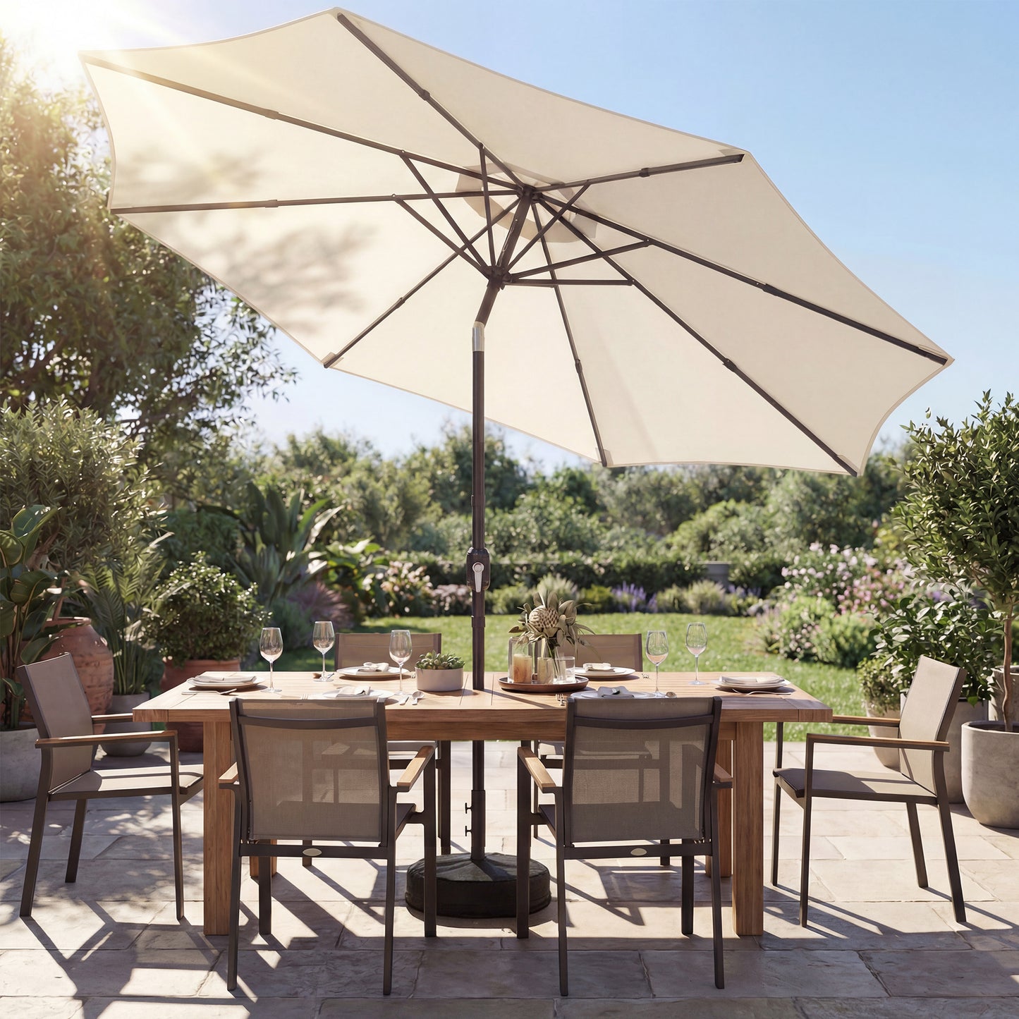 2.7 m Garden Parasol Umbrella with Cross Base and Sandbag, Retractable Ribs, Outdoor Table Market Umbrella, Cream White