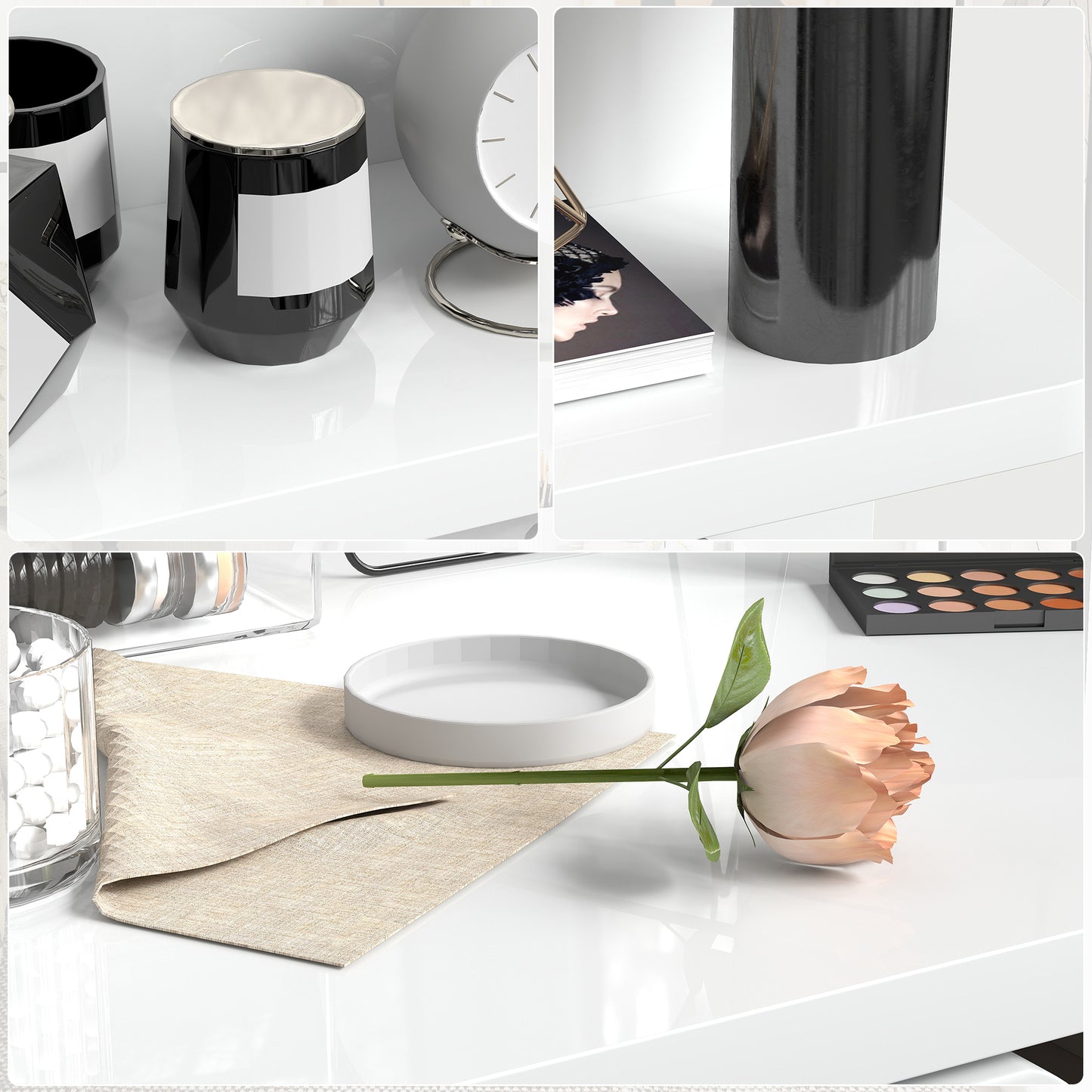 Bedside Table with 2 Drawers and Open Shelves - High Gloss White