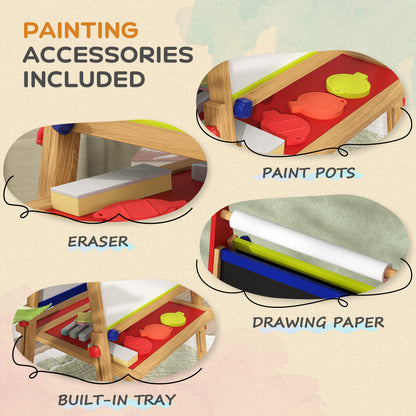 3-in-1 Wooden Kids Easel with Paper Roll, Whiteboard, Chalkboard, Painting Accessories