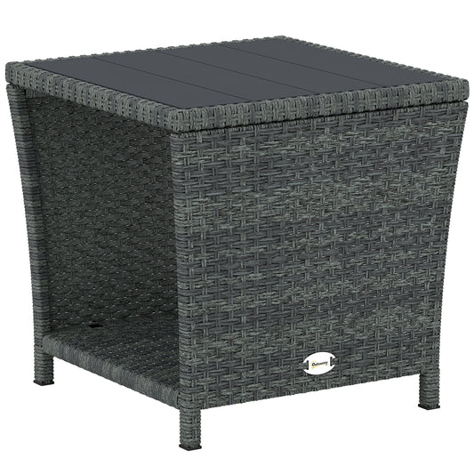 Side Table 2-Tier Outdoor Coffee Table with Storage Shelf PS Wood Slat Top/Grey