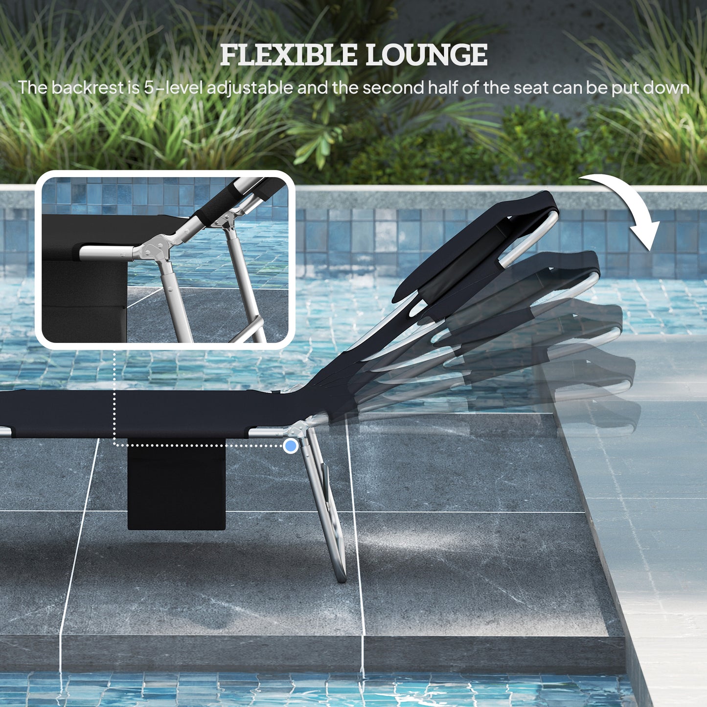 5-Position Adjustable Sun Loungers Set of 2 with Reading Hole and Side Pocket, Black