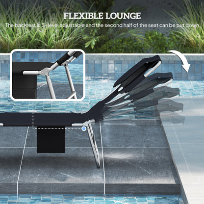 5-Position Adjustable Sun Loungers Set of 2 with Reading Hole and Side Pocket, Black