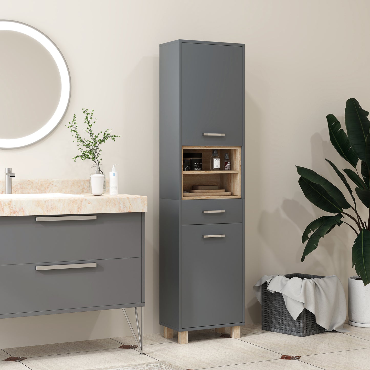 Tall Bathroom Storage Cabinet with MDF Triamine Board and Waterproof Sticker - Matte Grey