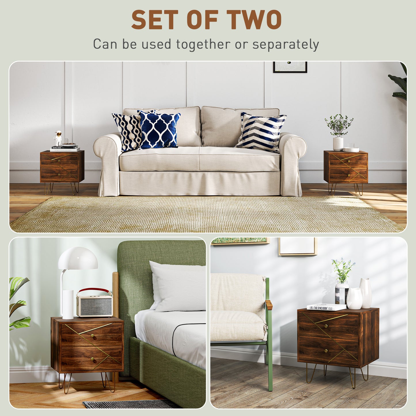 Bedside Tables Set of 2, Modern Side Table Set with 2 Drawers and Steel Hairpin Legs, Nightstand for Bedroom