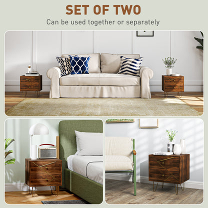 Bedside Tables Set of 2, Modern Side Table Set with 2 Drawers and Steel Hairpin Legs, Nightstand for Bedroom