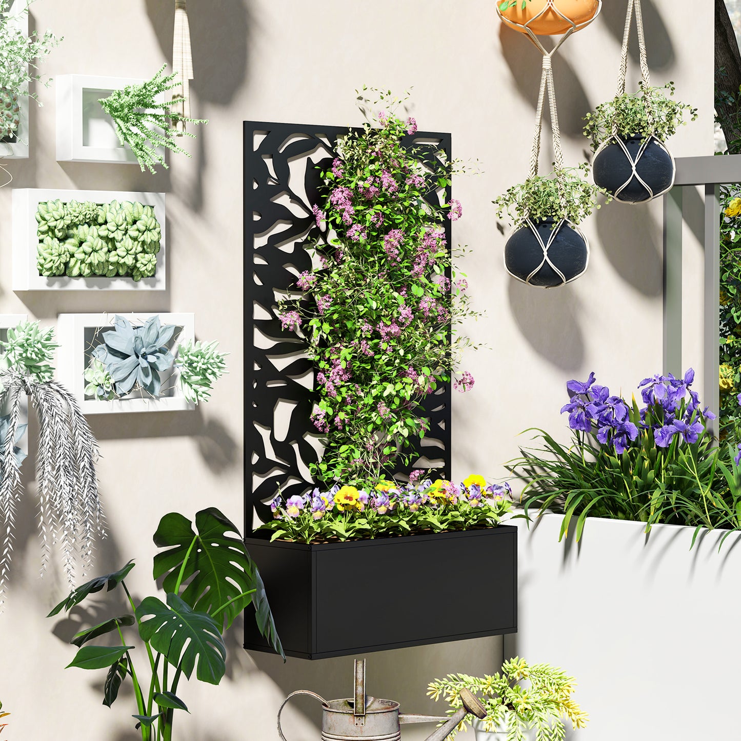 Metal Garden Bed with Trellis, Wall Mounted or Freestanding Raised Planter with Privacy Panel, Black