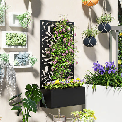 Metal Garden Bed with Trellis, Wall Mounted or Freestanding Raised Planter with Privacy Panel, Black