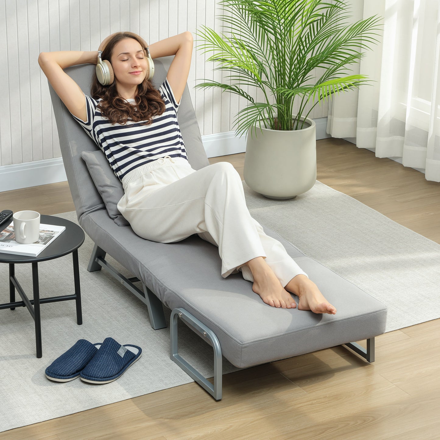 Single Sofa Bed, 3-in-1 Convertible Folding Chair Bed with Adjustable Backrest, Removable Armrests, Light Grey